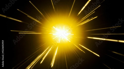 Golden light bursts outwards against dark, with streaks of light creating a sense of high speed