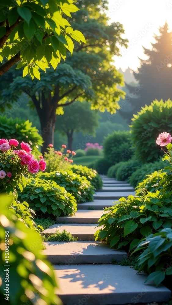 Obraz premium Path through a garden with a stone walkway and pink flowers. The flowers are in full bloom