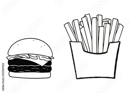Black and white fast food illustration, burger and fries vector art