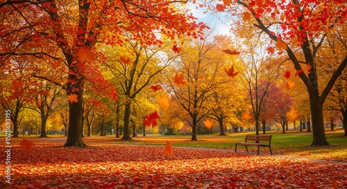 Falling Leaves in Autumn Park with Bench and Colorful Trees