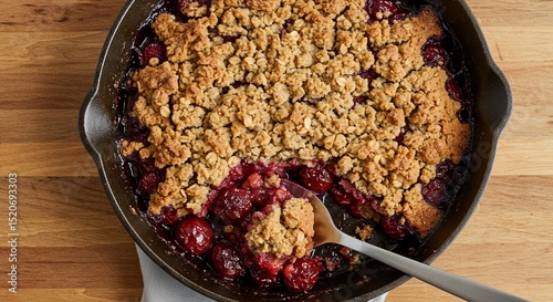 Serving homemade cherry crumble dessert in skillet pan