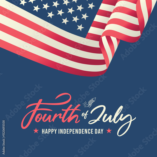 USA 4th of July Independence Day banner social media with vector text logo on dark blue, 
waving American flag background border 
for Fourth of July celebration design