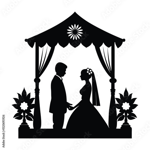 Traditional Indian Wedding Silhouette Bride Groom and Mandap Vector Art