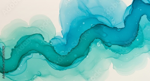 Fluid Art with Teal and Blue Ink Wash Effect on Paper