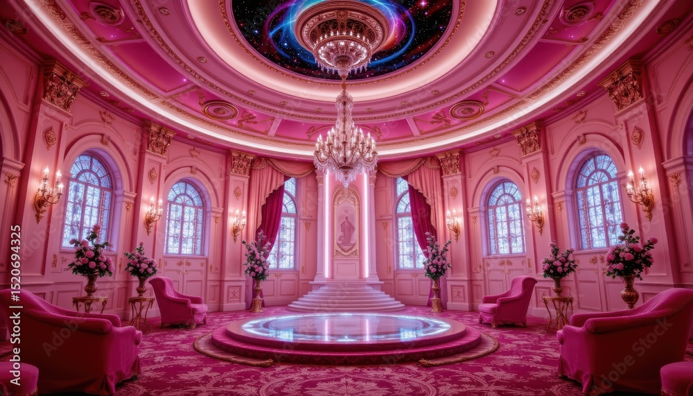 Obraz premium Luxurious Pink Interior Design Featuring Ornate Chandelier and Elegant Architectural Details