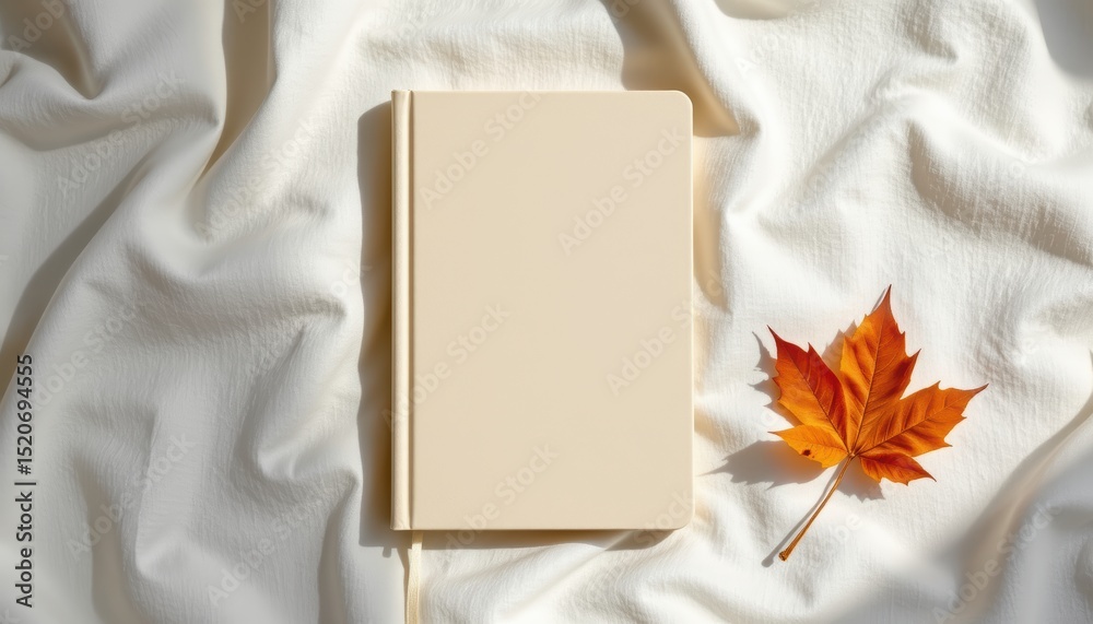 Fototapeta premium Minimalist Notebook with Blank Pages and a Vibrant Autumn Maple Leaf on Soft White Fabric