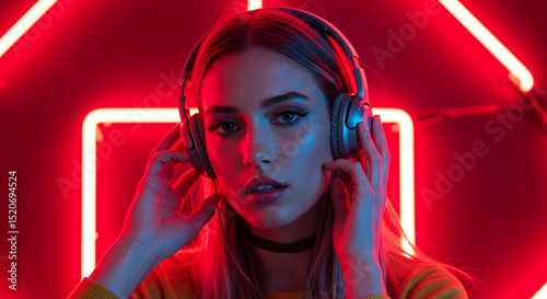 Woman Listening Music with Headphones in a Red Light Setting