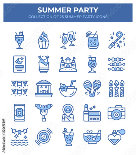 Summer Party Icons. A vibrant collection of 25 summer party icons