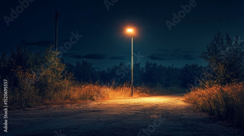 Single Streetlight Illuminating a Dark Path at Night