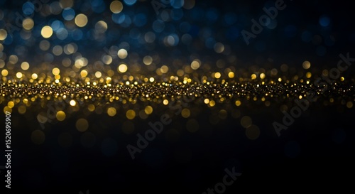 Sparkling Golden Glitter on Dark Blue Bokeh Background