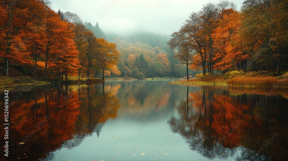 Obraz premium Autumnal Serenity: A Misty Lake Reflected in Vibrant Fall Foliage