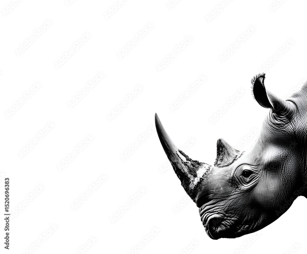 Naklejka premium Isolated portrait of a majestic wild rhinoceros with its prominent horn, a large endangered grey mammal