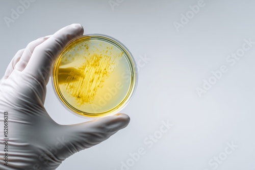Gloved hand holding petri dish with yellow bacterial culture in sterile lab setting, with clean background, ideal for science, microbiology, hygiene, education, and medical presentations