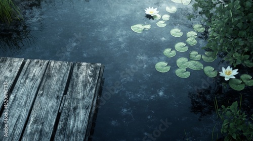 Serene Pond Scene with Water Lilies and Wooden Dock