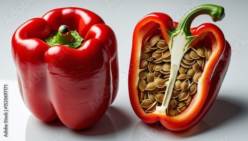 Studio shot showcasing the vibrant red bell pepper alongside a halved counterpart