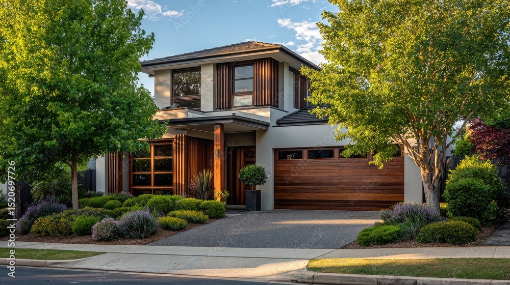 Obraz premium Modern suburban house with clean lines, bathed in soft afternoon light. Minimalist elegance in residential architecture.