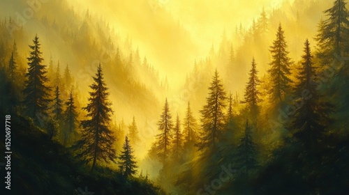 Golden Sunlight Through Misty Mountain Forest