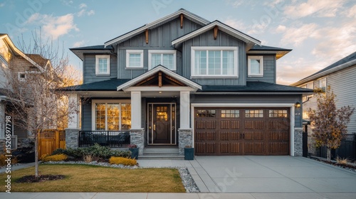 Tableau sur toile Modern suburban house with clean lines, bathed in soft afternoon light