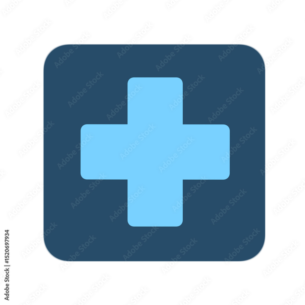 first aid icon, The icon is a square with rounded corners in dark blue. In the middle of the square is a plus sign (+) in light blue. This symbol resembles a medical symbol or first aid sign. first aid icon, The icon is a square with rounded corners in dark blue. In the middle of the square is a plus sign (+) in light blue. This symbol resembles a medical symbol or first aid sign.