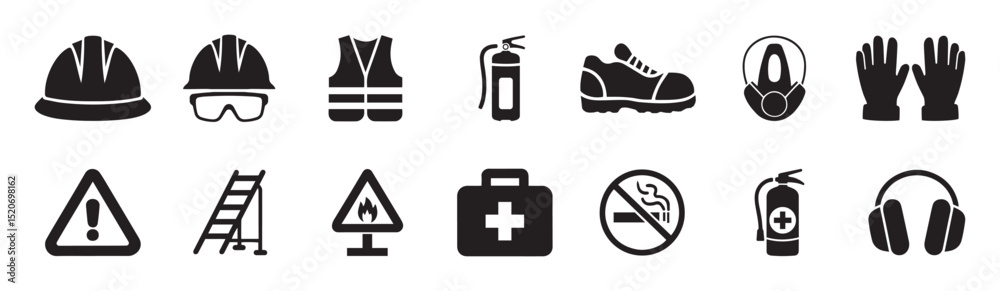 Obraz premium Safety Construction equipment icon set. Construction manufacturing and engineering health and safety icon set. Safety icon pack. Vector illustration . 