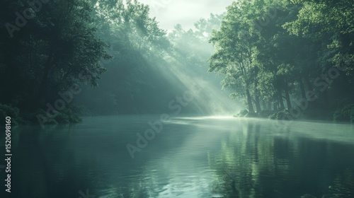 Sunlit Forest River with Misty Morning Atmosphere