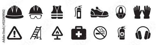 Safety Construction equipment icon set. Construction manufacturing and engineering health and safety icon set. Safety icon pack. Vector illustration . 