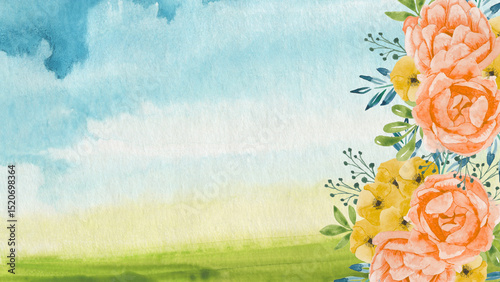 Fototapeta Naklejka Na Ścianę i Meble -  A cheerful watercolor background featuring a scenic sky with soft blue and green gradients. On the right side, vibrant orange and yellow flowers bloom with lush green leaves