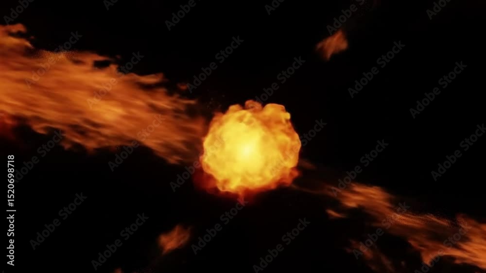 High-speed cinematic shot of a massive fireball explosion hurtling directly toward the camera in ultra slow motion. The fireball crosses the frame with intense velocity, creating a dramatic