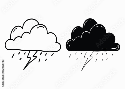 Storm clouds with lightning and rain, weather icon set