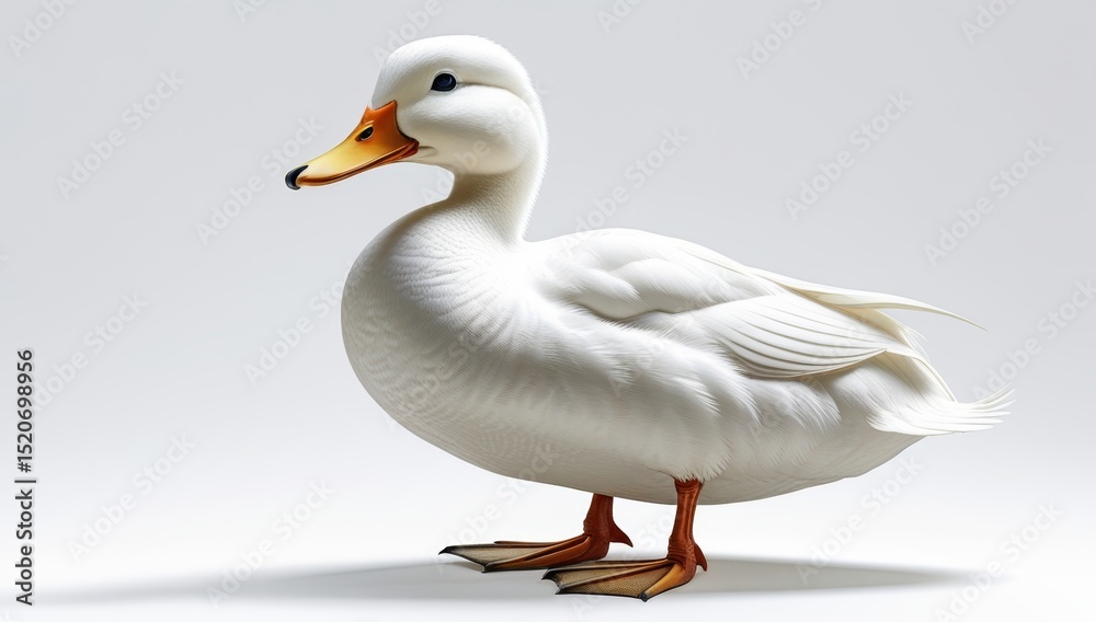 Elegant white duck standing gracefully against a clean background displaying pristine feathers Elegant white duck standing gracefully against a clean background displaying pristine feathers