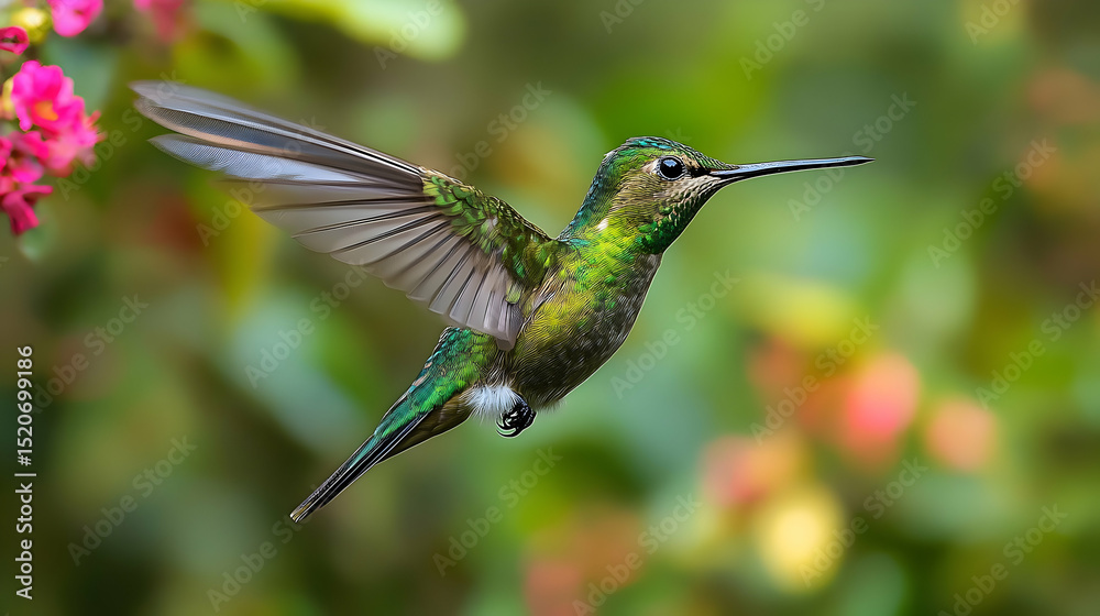 Fototapeta premium Vibrant hummingbird in flight amongst flowers.