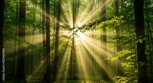 Sun Rays Shining Through Forest Trees in Spring Morning