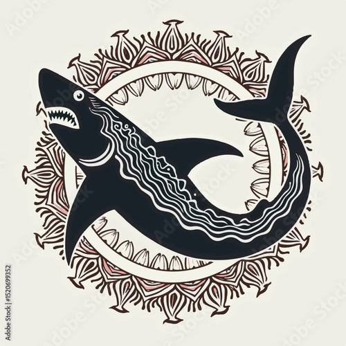 Intricate artistic illustration of a shark swimming within an ornate mandala design in black and white colors