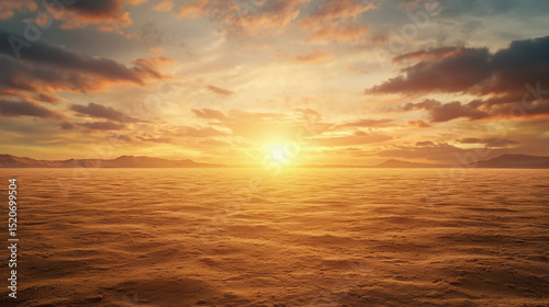A golden sunset illuminates a vast, sandy desert landscape under dramatic clouds and distant mountains.