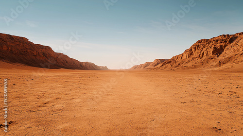 A vast, arid desert landscape bordered by rocky cliffs under a clear blue sky.