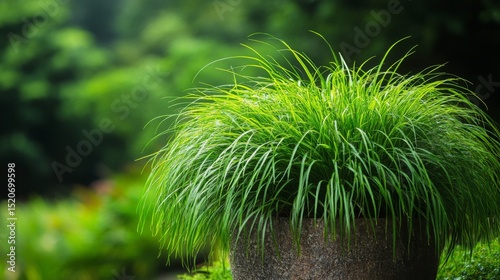 Lush Green Plant in Stone Pot, Outdoor Garden Setting