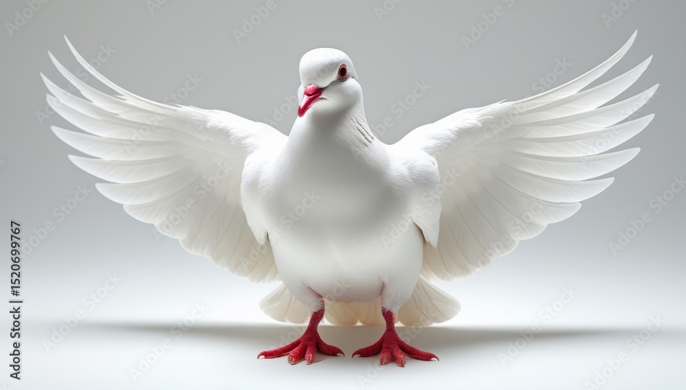 Fototapeta premium Elegant white dove spreading wings against a serene neutral backdrop
