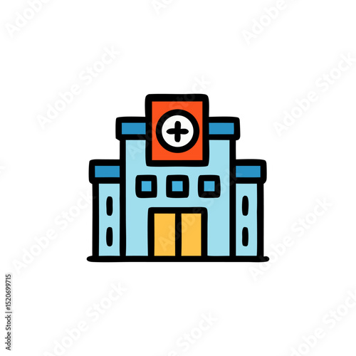 Hospital building with a medical cross on top, representing healthcare facilities and medical services. Healthcare building concept