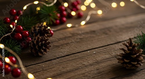 Festive Holiday Arrangement on Wooden Surface with Pine Cones and Lights