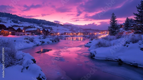 Pink And Purple Sunset Over Snowy River Village