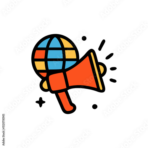 Megaphone projecting an announcement with a globe, symbolizing global promotion or digital marketing. Global communication concept