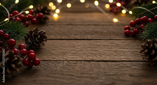 Festive Holiday Decoration on Rustic Wooden Surface with Pinecones and Berries