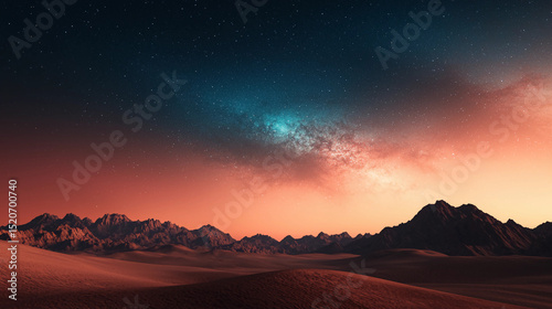 A stunning desert landscape at dusk with rugged mountains, sand dunes, and a vibrant star-filled sky.