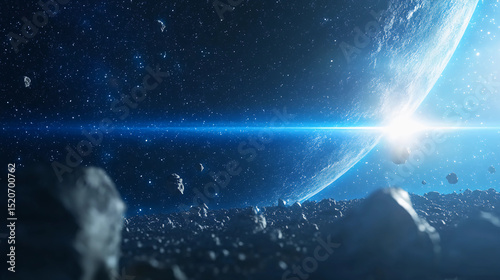 A bright sun rises over the edge of a planet, illuminating space filled with asteroids and distant stars.