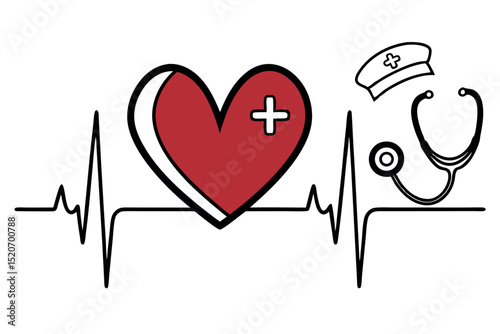 Healthcare illustration with heartbeat pulse medical nurse and stethoscope