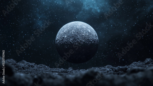 A rocky planet floats in deep space above a cratered surface, surrounded by stars and cosmic clouds.