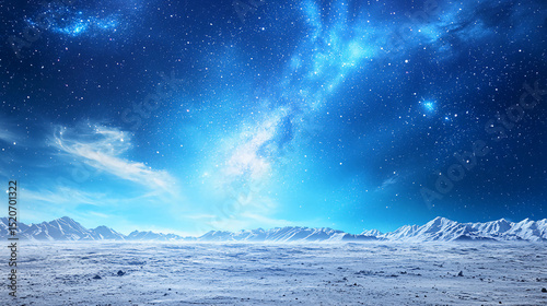 A snowy landscape under a star-filled night sky with mountains and a bright, glowing Milky Way.