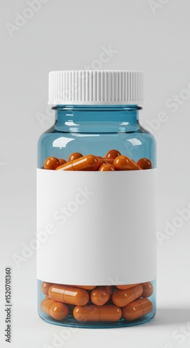 Blue plastic bottle with pills and a blank white label