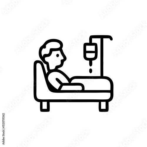 Outline of a patient in a hospital bed with an intravenous drip, symbolizing medical care. Healthcare and hospitalization concept