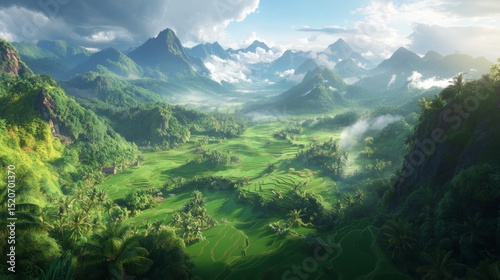 Lush Green Valley Surrounded by Mountains